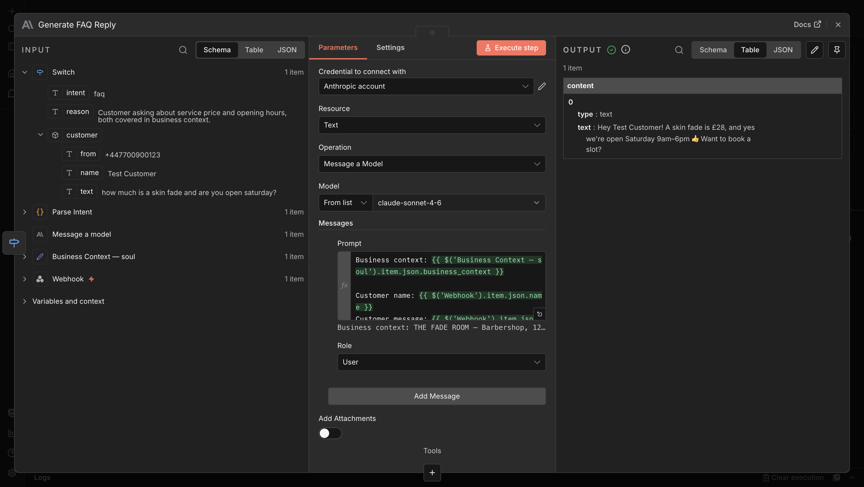 n8n node detail: Generate FAQ Reply step showing the Claude prompt with business context and the model's actual reply offering to book a slot