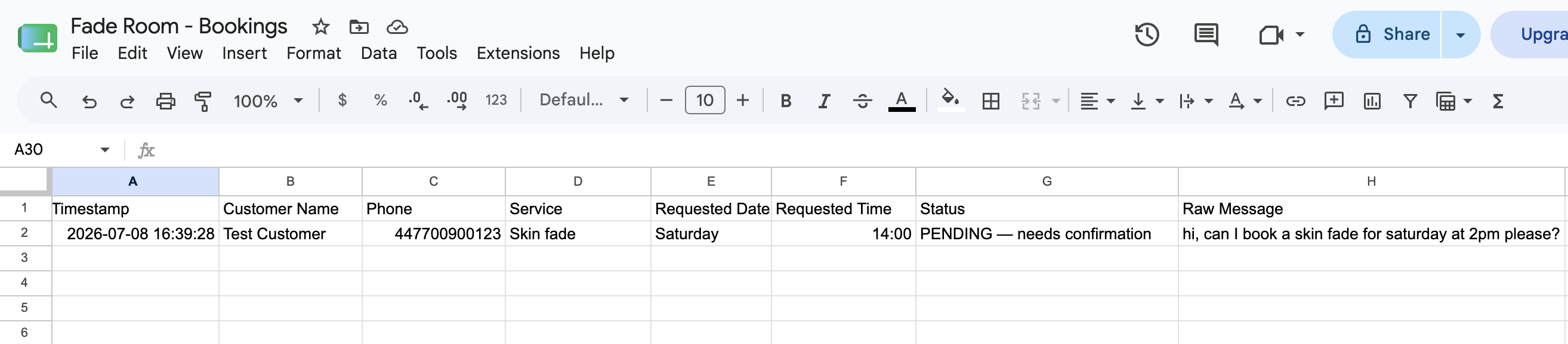 Google Sheet booking log: a real skin-fade request captured with timestamp, customer details, requested slot, and pending status