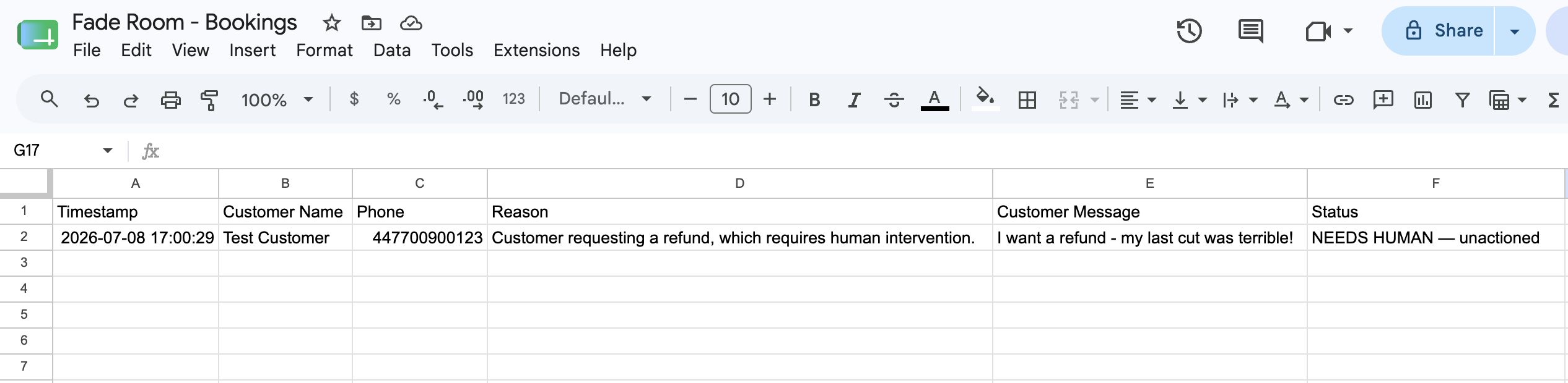 Google Sheet escalation log: a refund request flagged NEEDS HUMAN with the AI's reason and the customer's original message