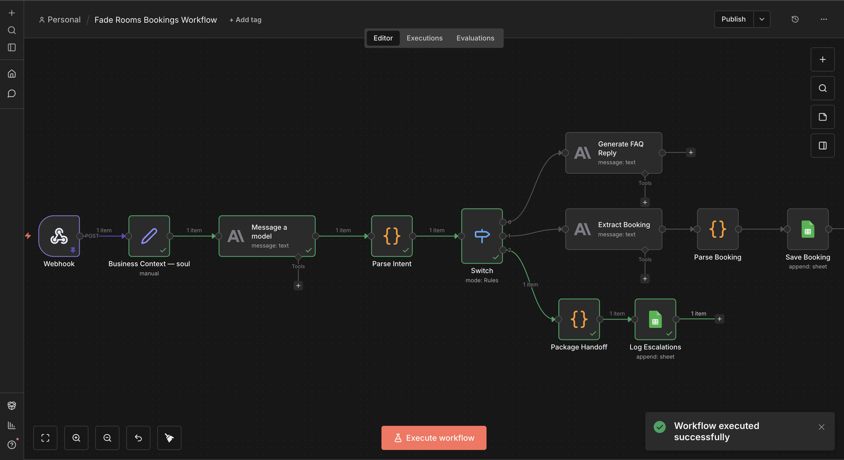 n8n workflow: Fade Rooms Bookings Workflow, from webhook through AI intent parsing to FAQ reply, booking extraction, and escalation logging